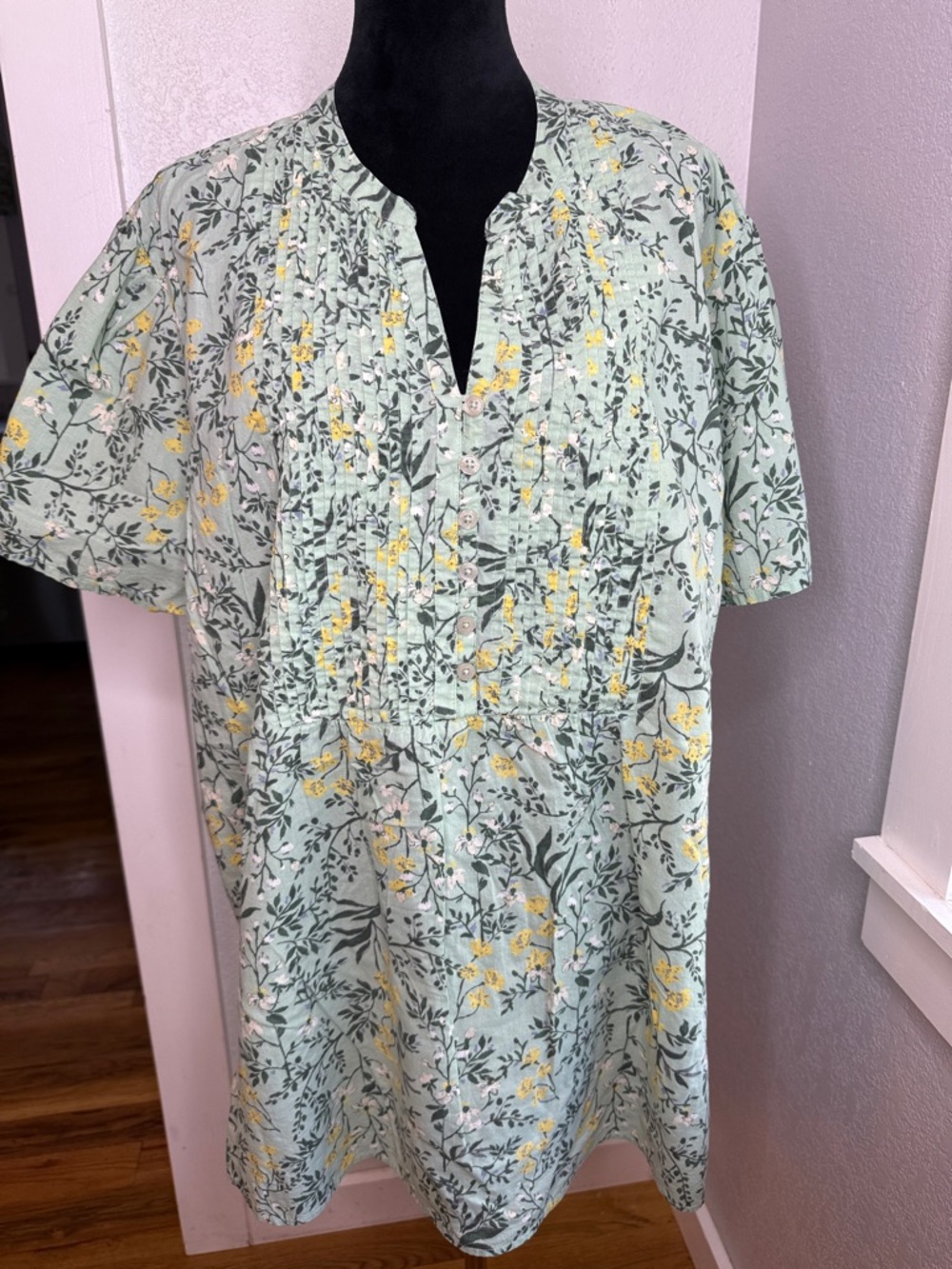 Woman Within Floral Pintuck Blouse 3X Green Cottagecore Cotton Top Boho Tunic
